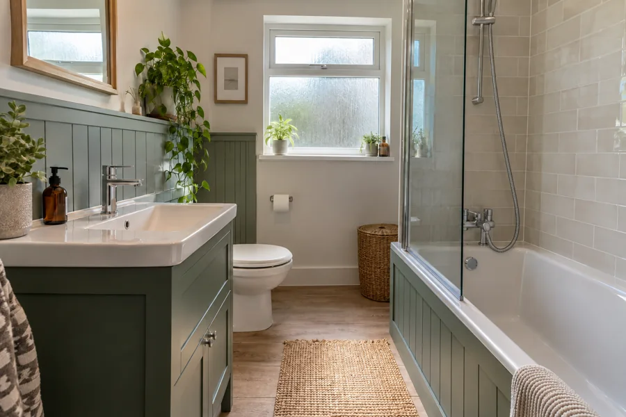 Green bathroom storage beside a fitted bath and connected shower