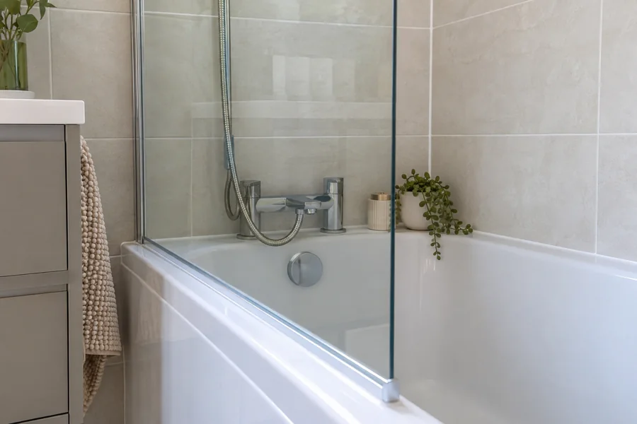 Clear bath screen beside pale tiles and chrome bath mixer