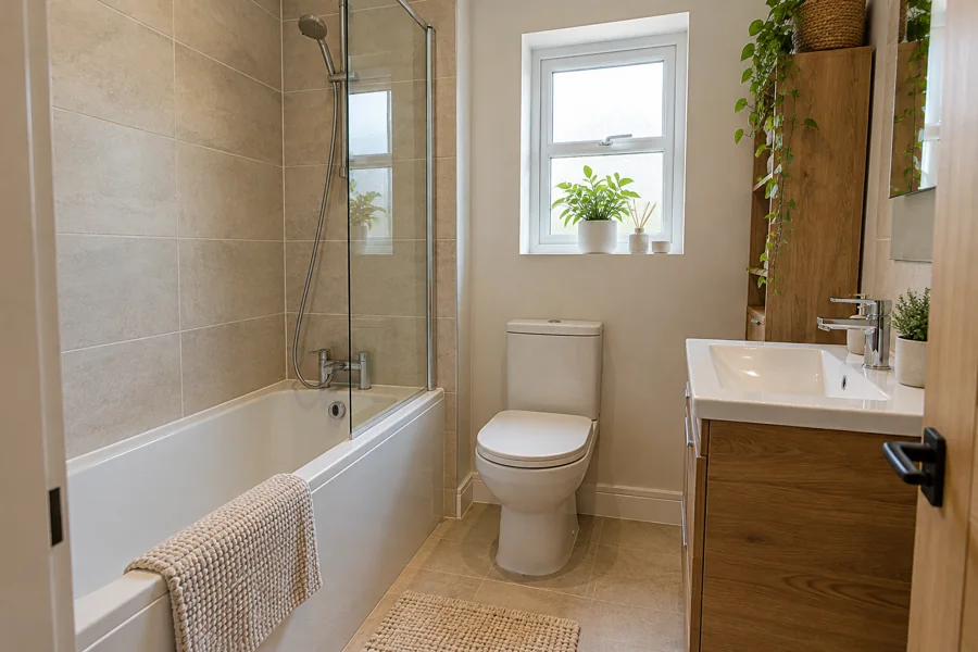 Oak bathroom drawers beside a fitted bath and shower