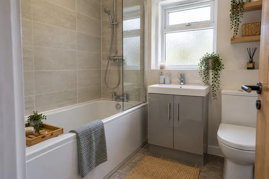 Fitted bath with clear screen and reachable shower controls