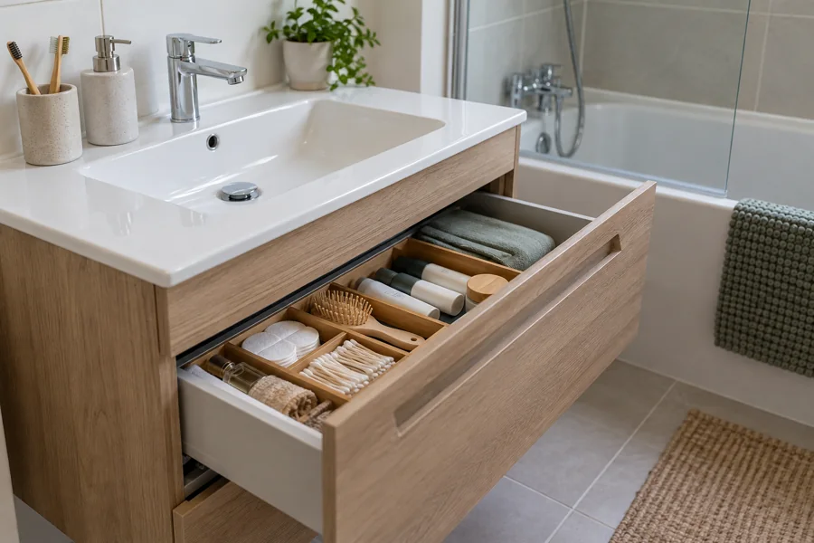 Open oak vanity drawer with organised everyday toiletries